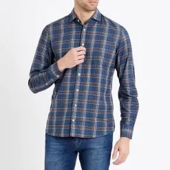 Hackett London Blue Checked Long Sleeve Cotton Shirt