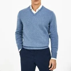 Hackett London Blue V-Neck Lambswool Jumper