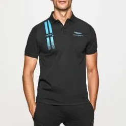 Hackett London Black AMR Racing Stripe Cotton Polo Shirt