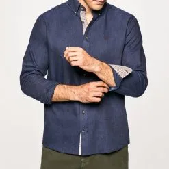 Hackett London Dark Denim Embroidered Logo Cotton Shirt
